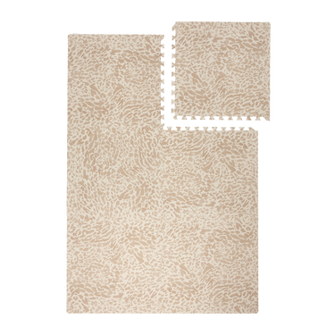 Interlocking foam tiles with one tile lifted to show puzzle edges of the toddlekind baby toddler foam modern designer puzzle play mat haven wild Terra Clay.