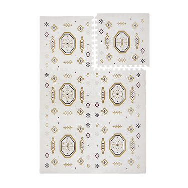 Interlocking foam tiles with lifted corner showing puzzle edges of the toddlekind baby toddler foam modern designer puzzle play mat haven amira golden clay.