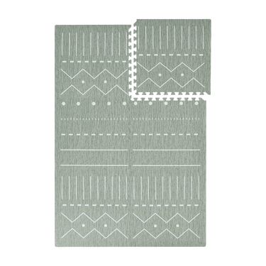 Interlocking green foam tiles with one tile removed from toddlekind baby toddler foam modern designer puzzle play mat haven berber moss.