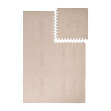 Interlocking foam tiles with one piece removed showing toddlekind baby toddler foam modern designer puzzle play mat haven deco latte.