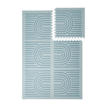 Interlocking tiles arranged in a grid with one piece lifted showing the toddlekind baby toddler foam modern designer puzzle play mat haven linear mineral.