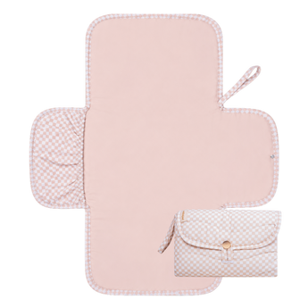 Closed and open view of toddlekind baby portable changing clutch mini maven check powder with strap for easy carrying and travel, highlighting functionality Alt Img
