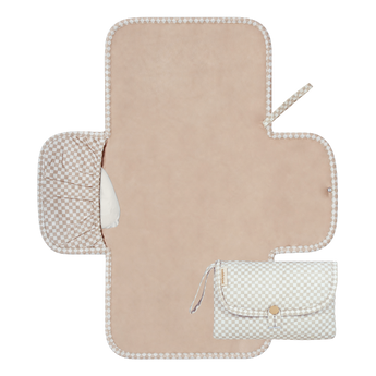 Open and folded view of toddlekind baby portable changing clutch mini maven check oat highlighting functional design. Alt Img
