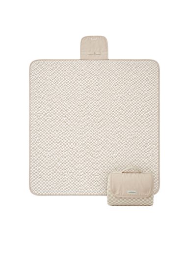 Flat lay product image of a floral play mat with a folded corner showing the underside, displaying the toddlekind portable water resistant wander classic play mat botanical earthen design and material. Alt Img