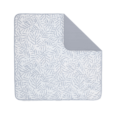 Flat lay of leaf-pattern play mat with corner fold detail – toddlekind portable water resistant wander classic play mat ocean stone showcasing design. Alt Img