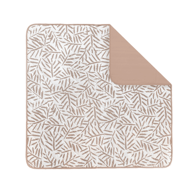 Flat lay of leaf-pattern play mat with corner fold detail – toddlekind portable water resistant wander classic play mat ocean tan showcasing reversible design. Alt Img