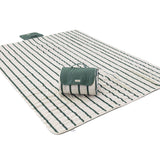 Folded striped play mat with green cover and handle detail – toddlekind portable water resistant wander grande play mat forest for compact storage.