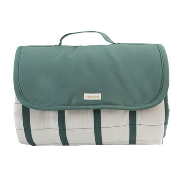 Folded striped play mat with green cover and handle detail – toddlekind portable water resistant wander grande play mat forest for compact storage Alt Img