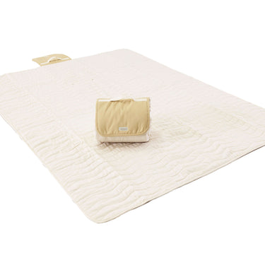 Full view of unfolded neutral play mat with folded section on top – toddlekind portable water resistant wander grande play mat tofu for versatile use