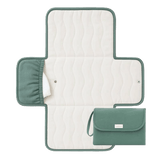 Open and folded view of toddlekind baby portable changing clutch mini maven forest highlighting functional design. Alt Img