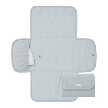 Open and folded view of toddlekind baby portable changing clutch mini maven slate highlighting functional layout. Alt Img