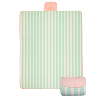 Flat lay and Folded compact play mat with handle and logo detail – toddlekind portable water resistant wander grande play mat capri for portability.  Alt Img