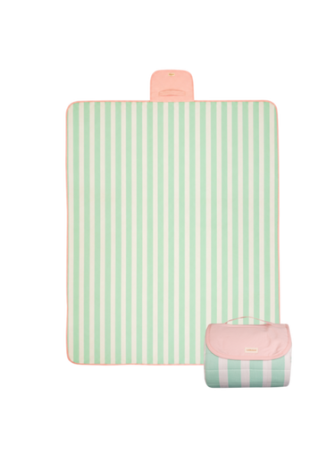 Flat lay and Folded compact play mat with handle and logo detail – toddlekind portable water resistant wander grande play mat capri for portability.  Alt Img
