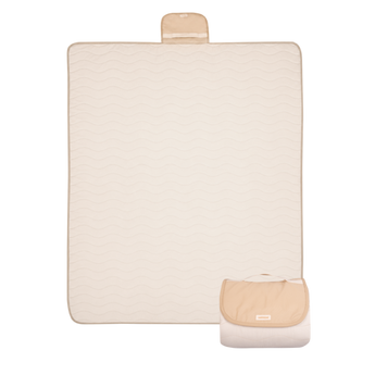 Folded compact play mat with handle and logo detail – toddlekind portable water resistant wander grande play mat tofu for portability.  Alt Img