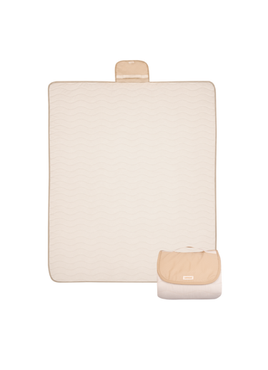 Folded compact play mat with handle and logo detail – toddlekind portable water resistant wander grande play mat tofu for portability.  Alt Img