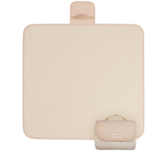 Flat lay and Folded compact play mat with handle and logo detail – toddlekind portable water resistant wander classic play mat powder for portability.  Alt Img