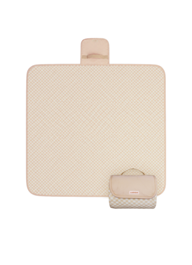 Flat lay and Folded compact play mat with handle and logo detail – toddlekind portable water resistant wander classic play mat powder for portability.  Alt Img