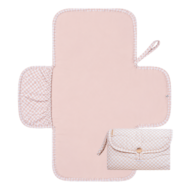 Closed and open view of toddlekind baby portable changing clutch mini maven check powder with strap for easy carrying and travel, highlighting functionality Alt Img