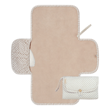 Open and folded view of toddlekind baby portable changing clutch mini maven check oat highlighting functional design. Alt Img