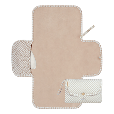 Open and folded view of toddlekind baby portable changing clutch mini maven check oat highlighting functional design. Alt Img