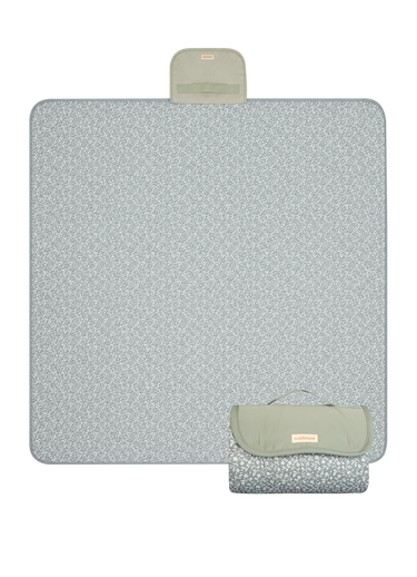 Flat lay of reversible play mat with sage green tone underside – toddlekind portable water resistant wander classic play mat btoanical sage showcasing flat and folded design.  Alt Img