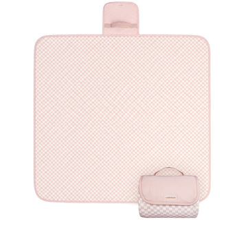 Flat lay product image of a floral play mat with a folded corner showing the underside, displaying the toddlekind portable water resistant wander classic play mat check powder design and material. Alt Img