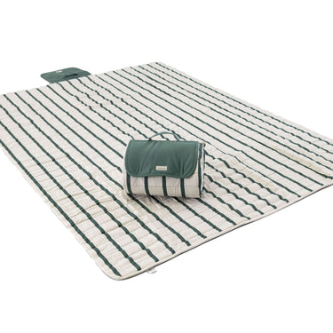 Folded striped play mat with green cover and handle detail – toddlekind portable water resistant wander grande play mat forest for compact storage. 
