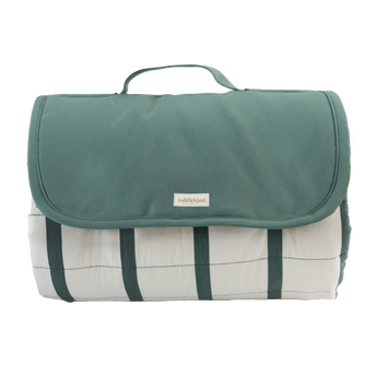 Folded striped play mat with green cover and handle detail – toddlekind portable water resistant wander grande play mat forest for compact storage Alt Img