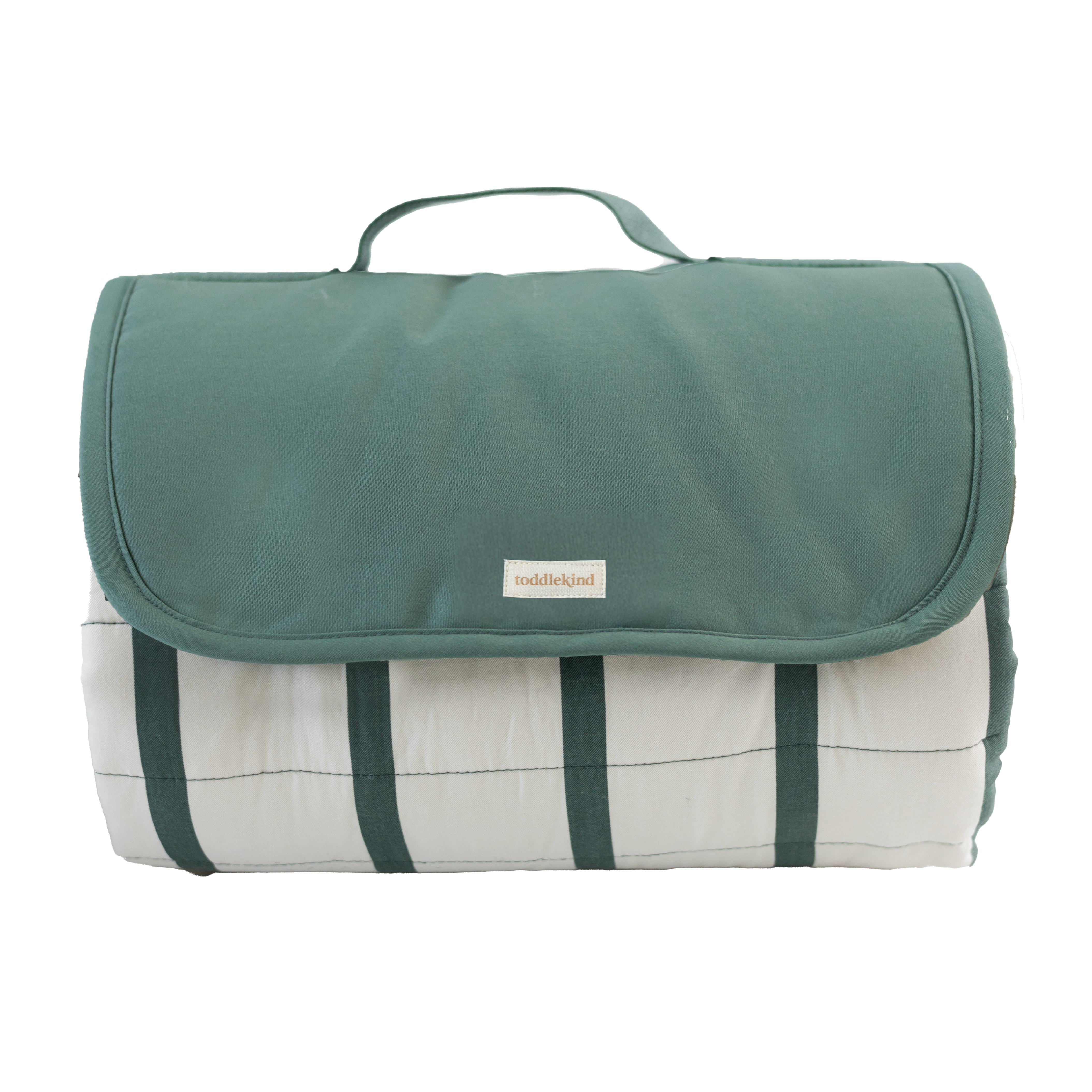 Folded striped play mat with green cover and handle detail – toddlekind portable water resistant wander grande play mat forest for compact storage