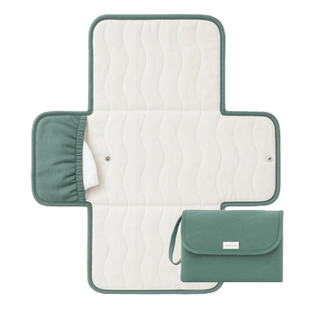 Open and folded view of toddlekind baby portable changing clutch mini maven forest highlighting functional design. Alt Img
