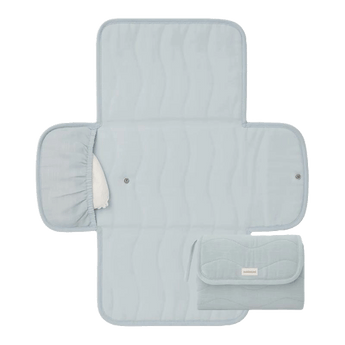 Open and folded view of toddlekind baby portable changing clutch mini maven slate highlighting functional layout. Alt Img

