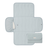 Open and folded view of toddlekind baby portable changing clutch mini maven slate highlighting functional layout. Alt Img
